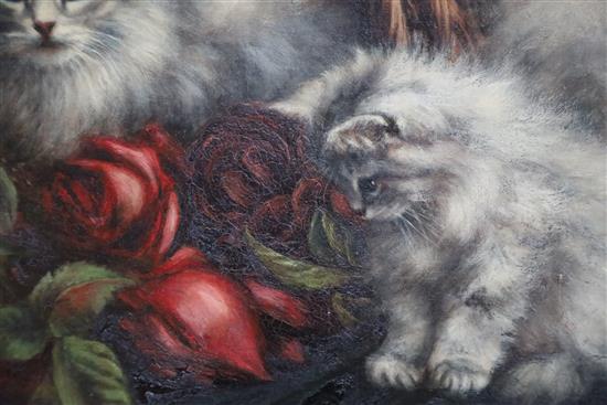 Agnes Augusta Talboys (1863-1941) Persian kittens beside a basket of roses 16.75 x 27.75in.